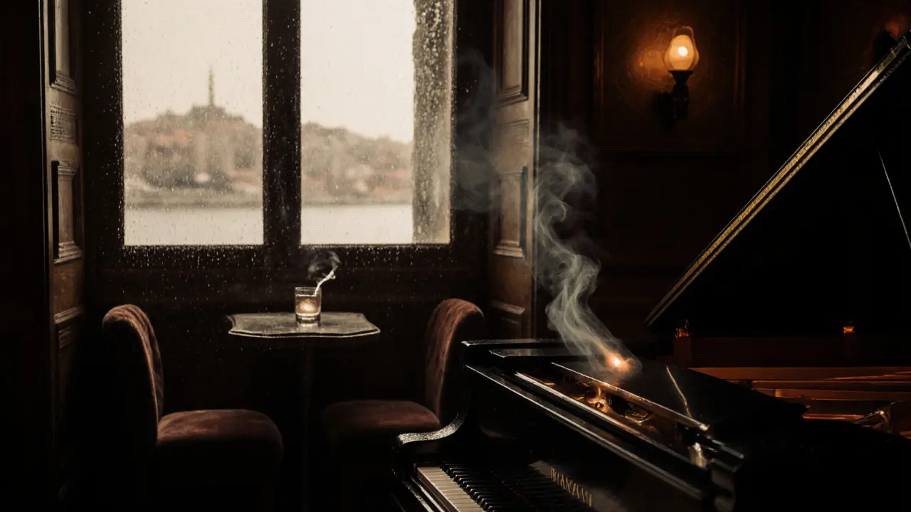 Intimate jazz bar with piano, smoke, and Bosphorus view through rain-streaked window.