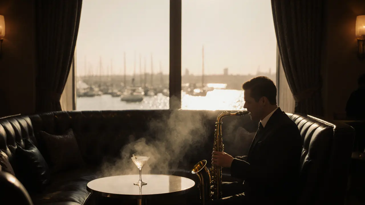 Intimate lounge with leather booths and marina lights, a bartender pouring a cocktail.