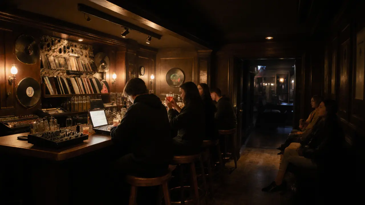 Intimate speakeasy bar with vinyl records and dim lighting, quiet patrons enjoying cocktails.