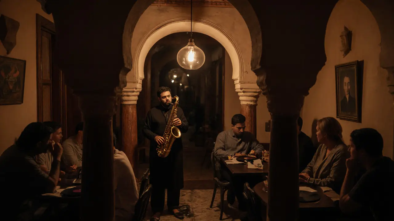 Jazz musician playing saxophone in a dimly lit, vintage-style lounge with attentive listeners
