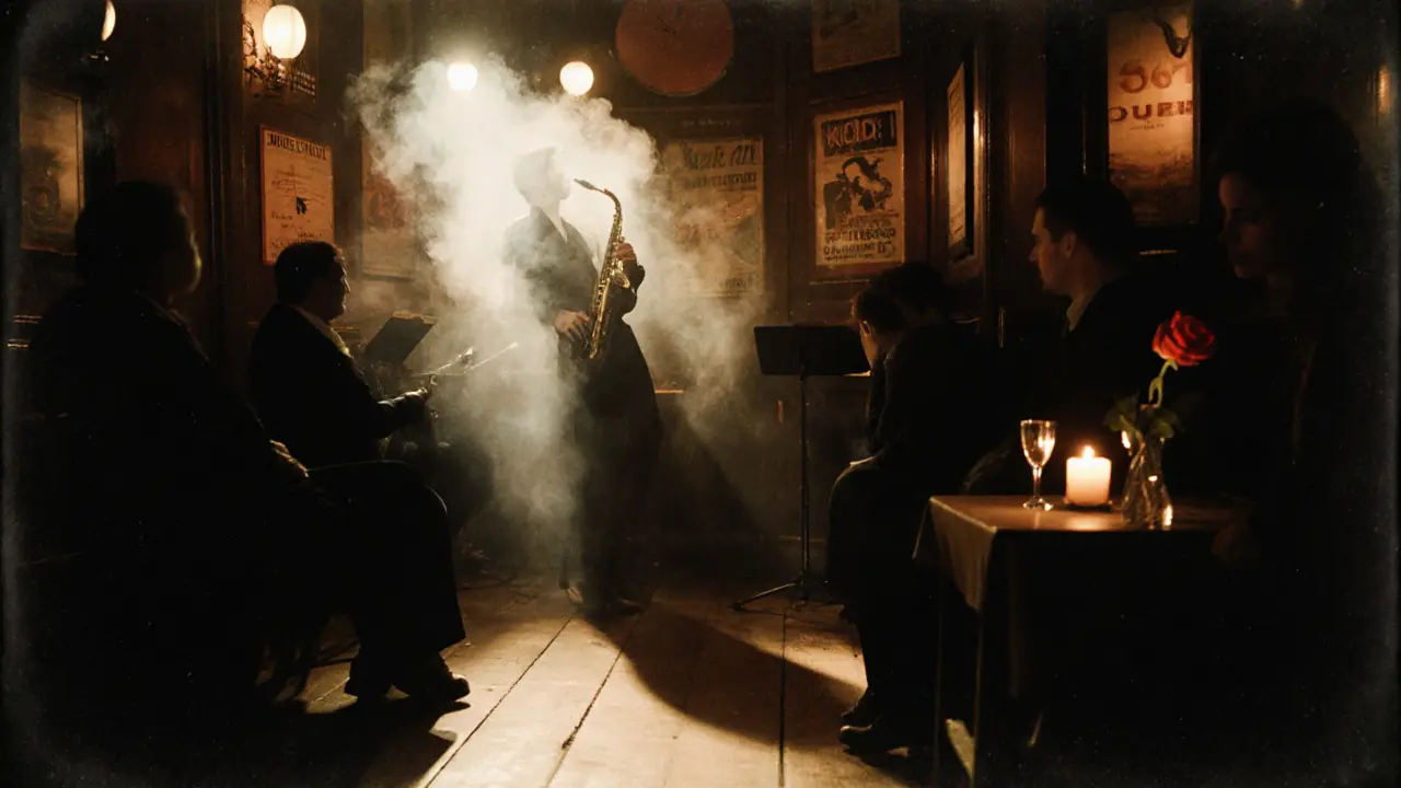 Jazz musician playing saxophone in intimate Sunset/Sunside club, smoke and candlelight filling the room.