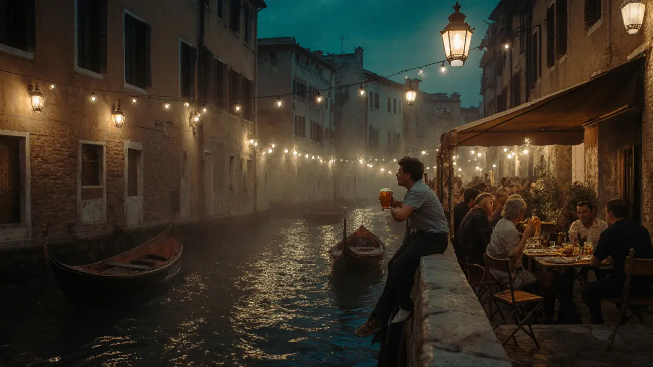 Lantern-lit Navigli canals with people enjoying craft beer and fried snacks at night.