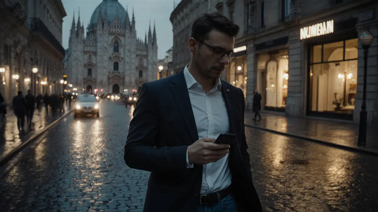 Man walking near Duomo in Milan with verified escort platform on phone.