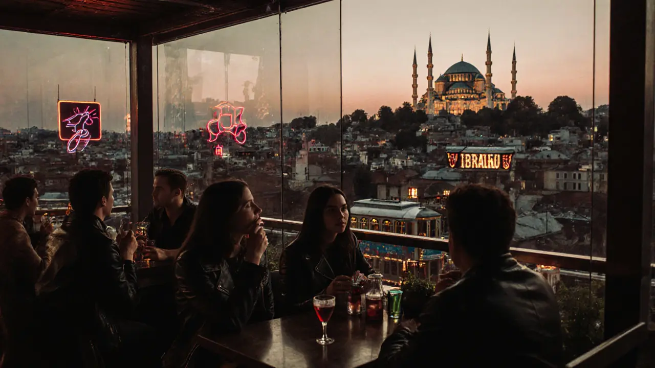 Modern revelers on a rooftop bar in Beyoğlu, with the Blue Mosque visible in the distance at dusk.