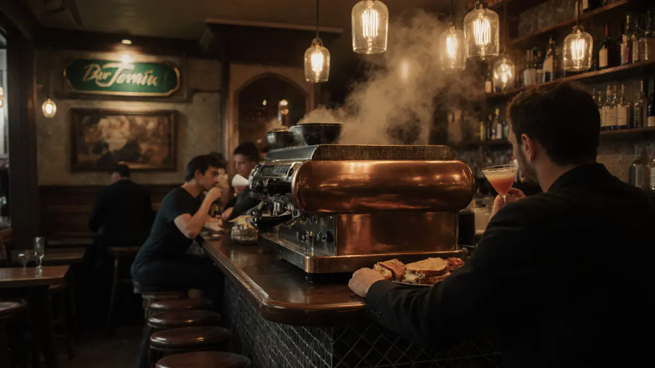 Patrons enjoying cocktails and paninis at a cozy Italian bar with warm golden lighting and vintage decor.