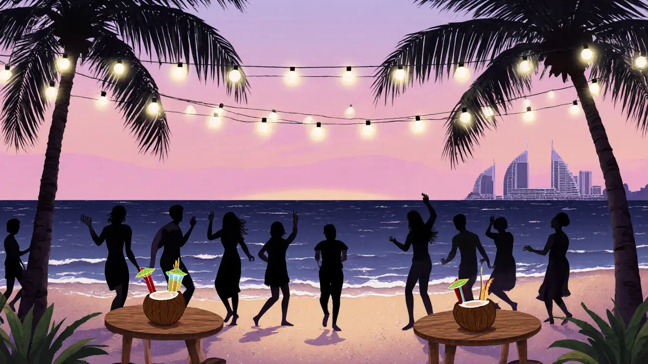 People dancing barefoot on a beach at sunrise, surrounded by string lights and coconut cocktails.
