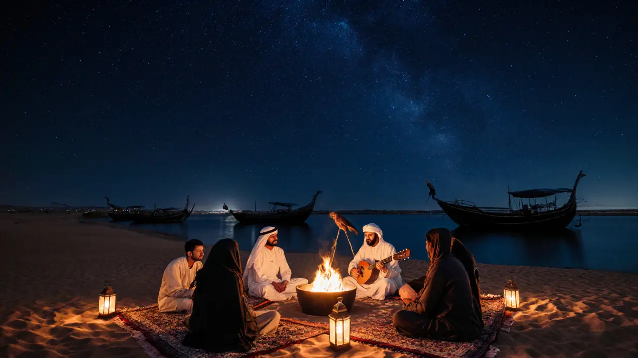 People relaxing in a desert under stars with a traditional oud player and firepit.