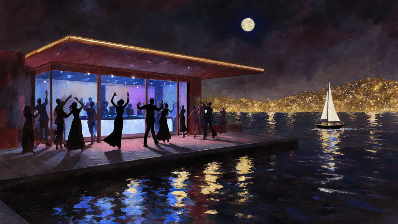 Reina nightclub on the Bosphorus with guests dancing under open skies, golden city lights reflecting on water.