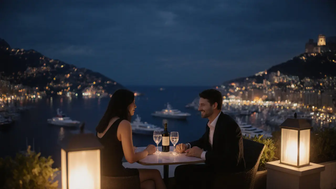 Romantic rooftop view of Monaco’s harbor and palace lights at midnight with a couple sipping wine.