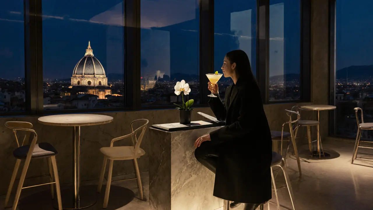 Rooftop bar at night with illuminated Duomo in background, lone figure sipping cocktail in minimalist setting.