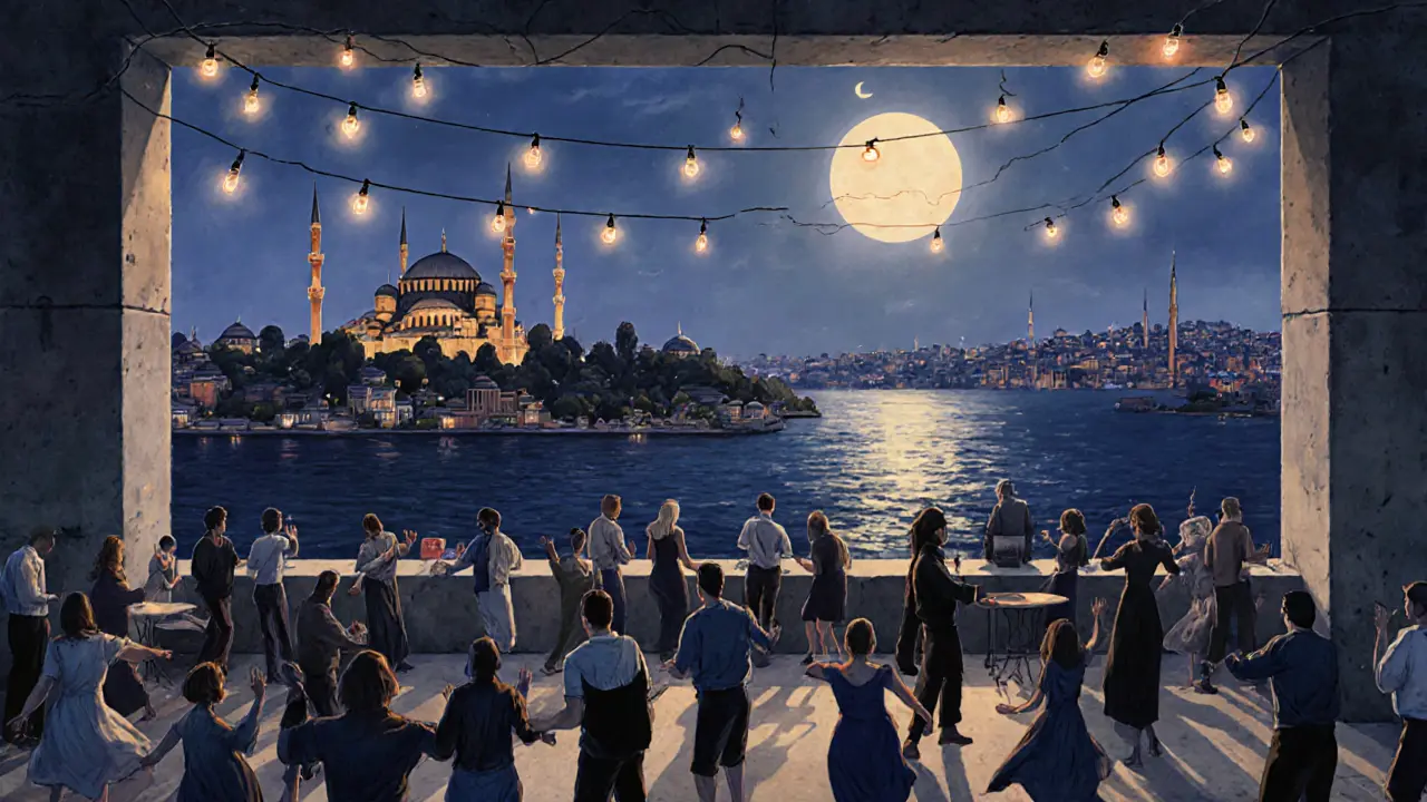 Rooftop club in Galata with city skyline and minarets glowing behind dancing crowd.