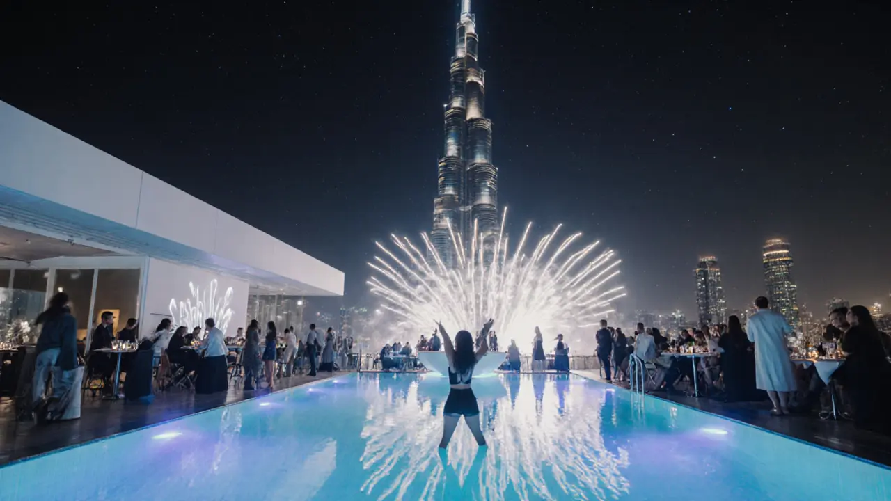 Rooftop party at White Dubai with Burj Khalifa lighting up in the background.