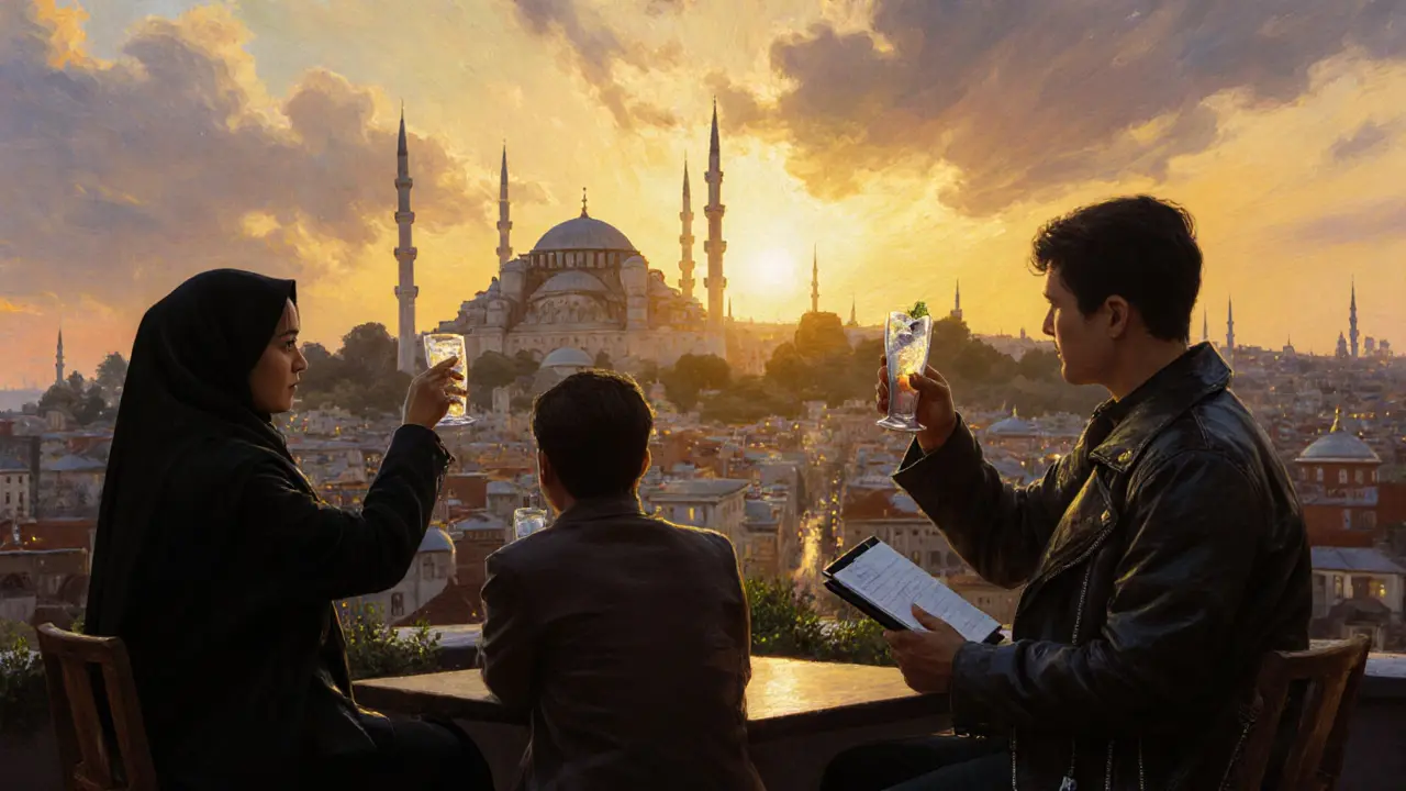 Rooftop terrace at sunset in Beyoğlu, diverse crowd toasting with drinks as Istanbul&#039;s minarets glow behind them.