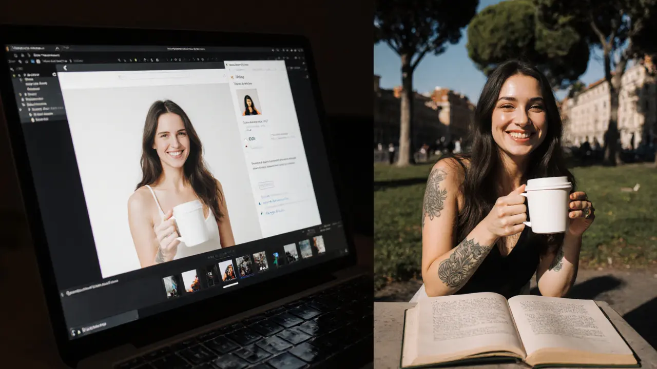 Side-by-side comparison of fake studio photo and authentic candid profile image.