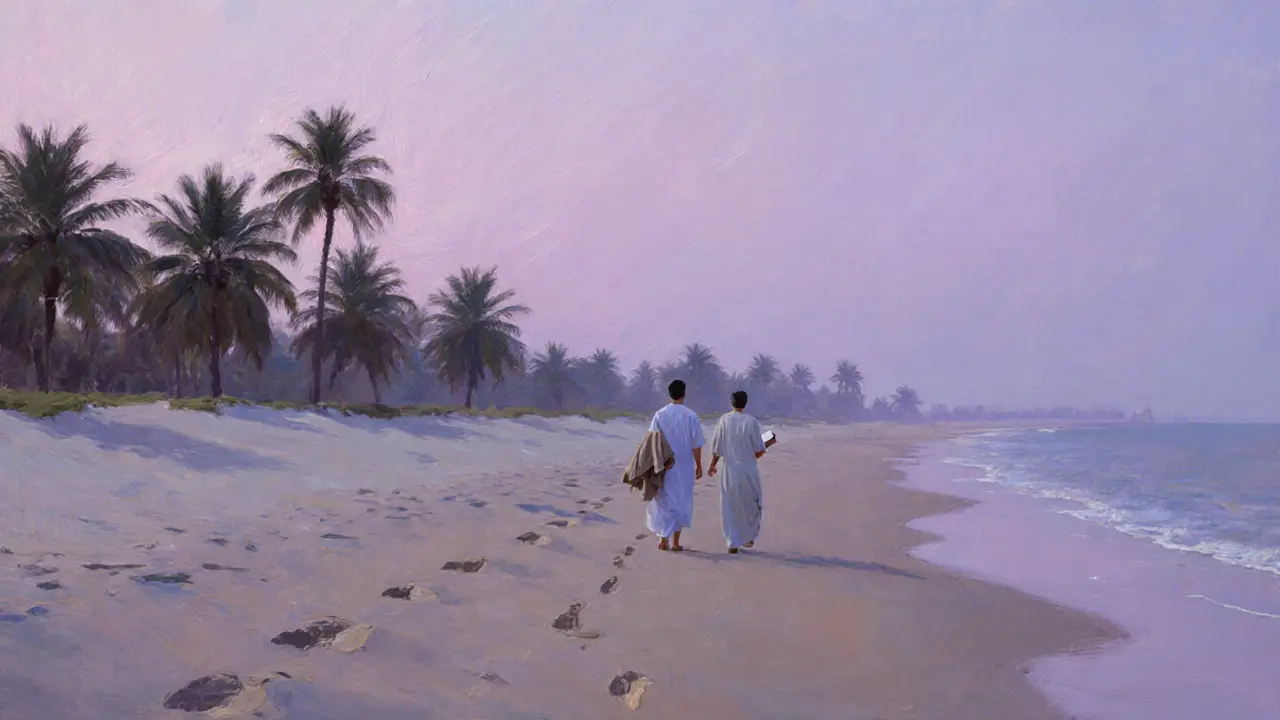 Silhouetted figures walking along a quiet beach at dusk, footprints fading in the sand under a soft sky.