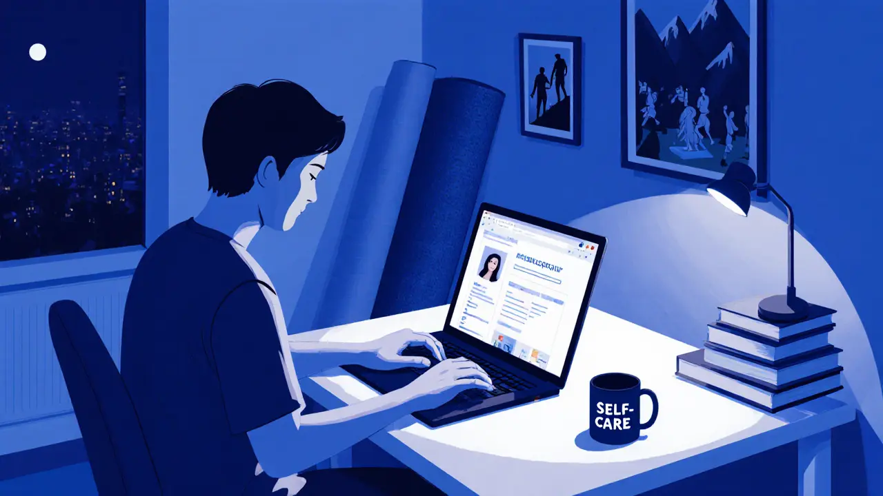 Someone working from home with a laptop, yoga mat, and personal photo, symbolizing independent escort work.