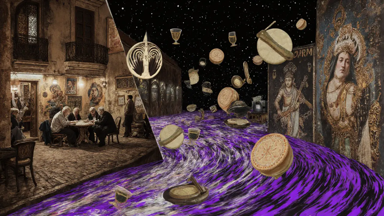 Split image of traditional Turkish tavern and hidden underground club, blending ancient and modern nightlife elements.