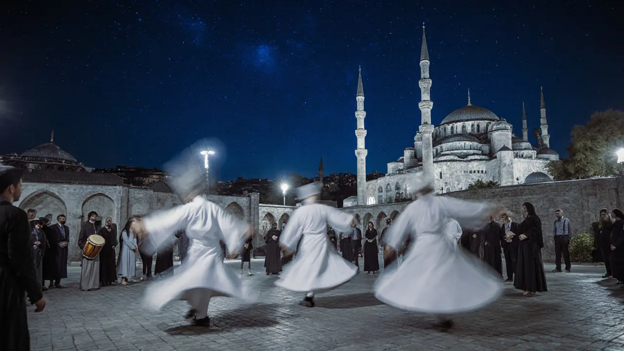 Sufi dervishes spinning in a quiet courtyard under starlight, surrounded by silent observers.