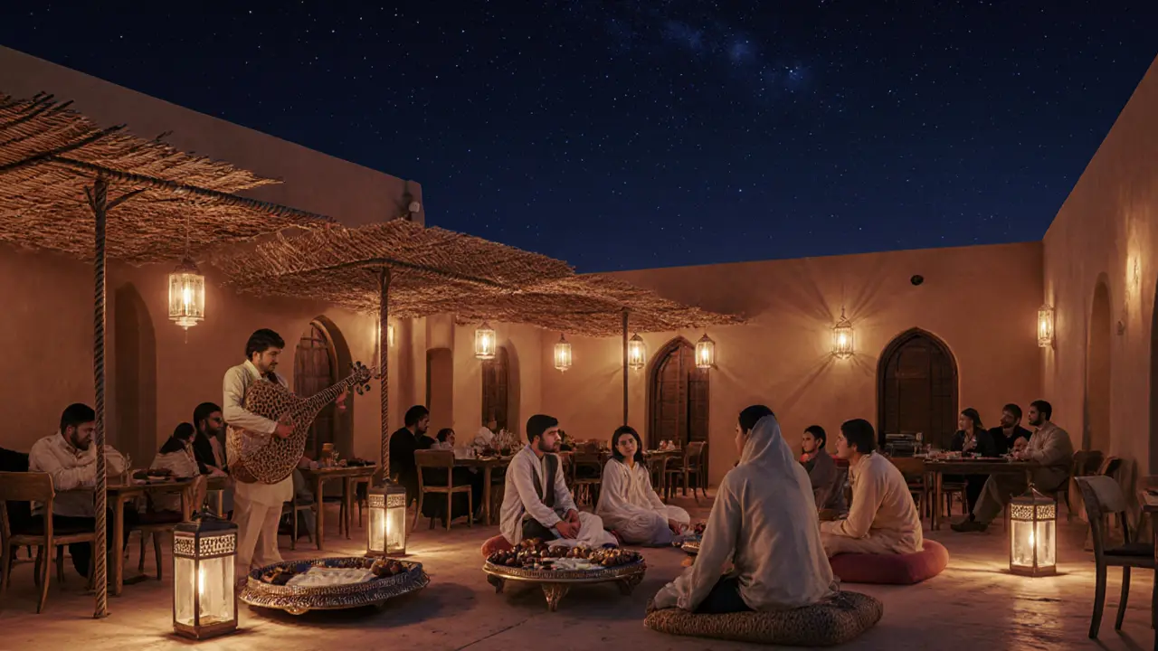 Traditional Emirati courtyard at night with lanterns, oud music, and families sharing food under stars.
