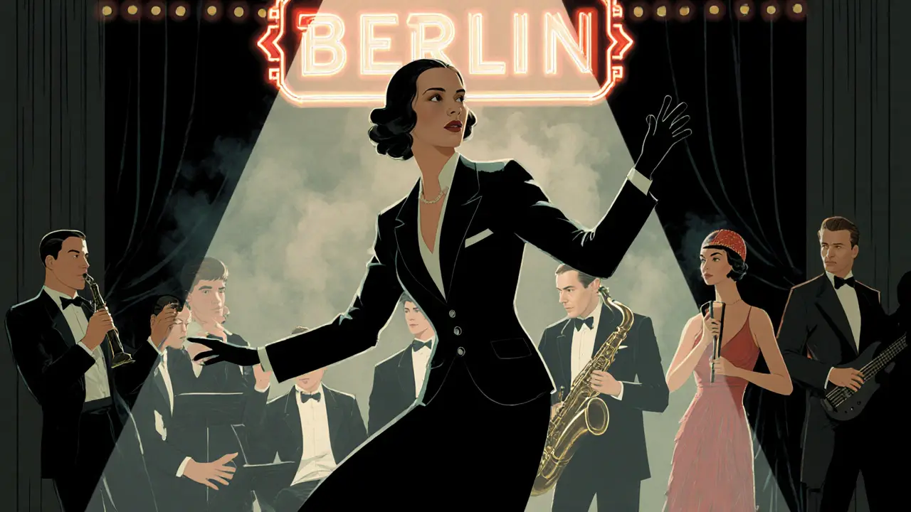 Trude Becher dancing in a 1920s Berlin cabaret under neon lights with jazz musicians and patrons nearby.