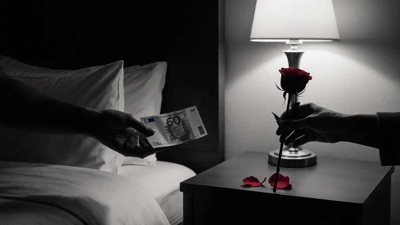 Two hands exchanging a rose and cash in a dim hotel room, symbolizing respectful companionship.