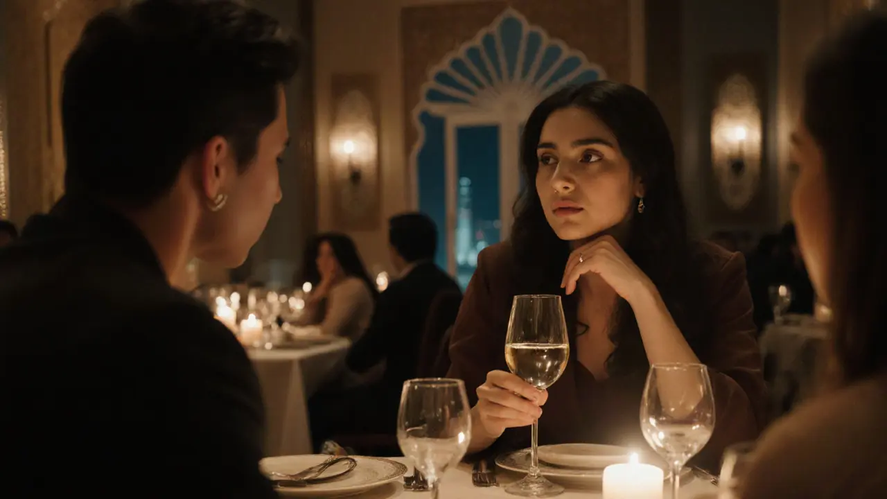 Two people having a quiet, attentive dinner in an upscale Dubai restaurant.