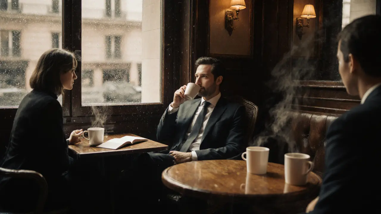 Two people share a quiet coffee in a warm Parisian café, one listening attentively as the other relaxes.