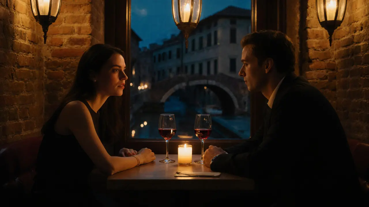 Two people share a quiet evening in a Navigli lounge, drinking wine by candlelight with mutual respect and no physical contact.