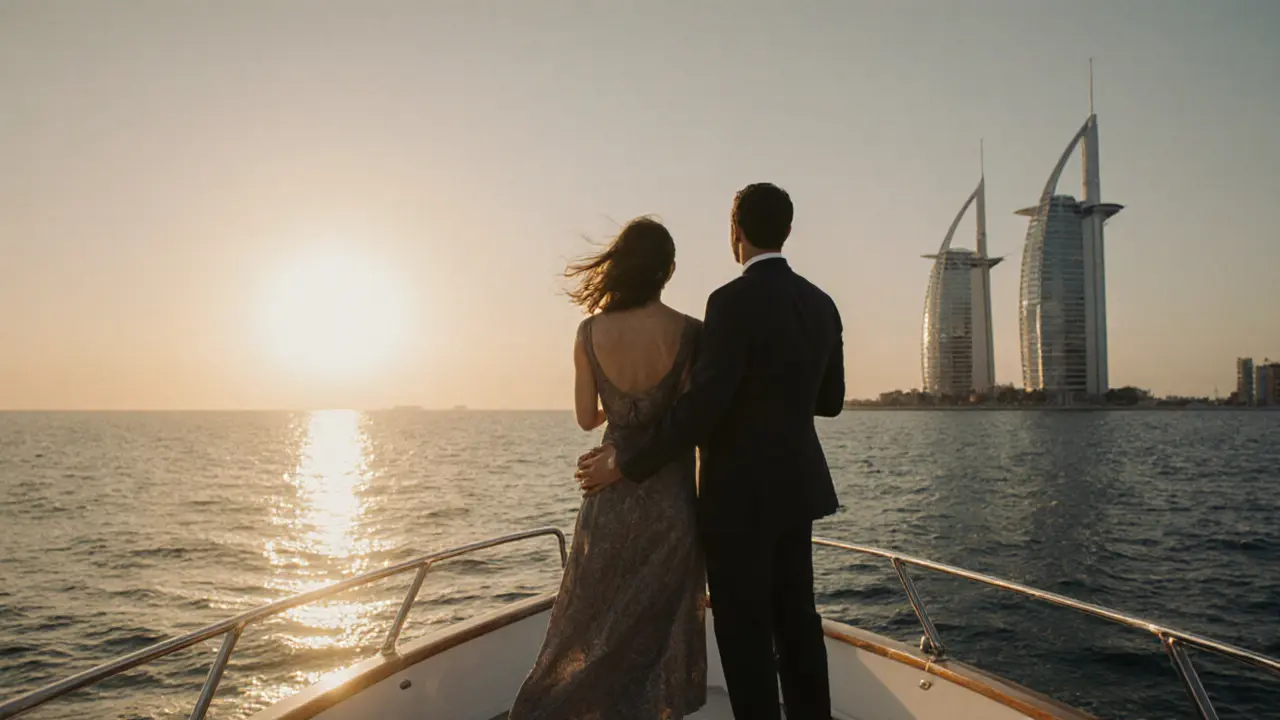 Two people standing peacefully on a private yacht at sunset, gazing at the Persian Gulf horizon.