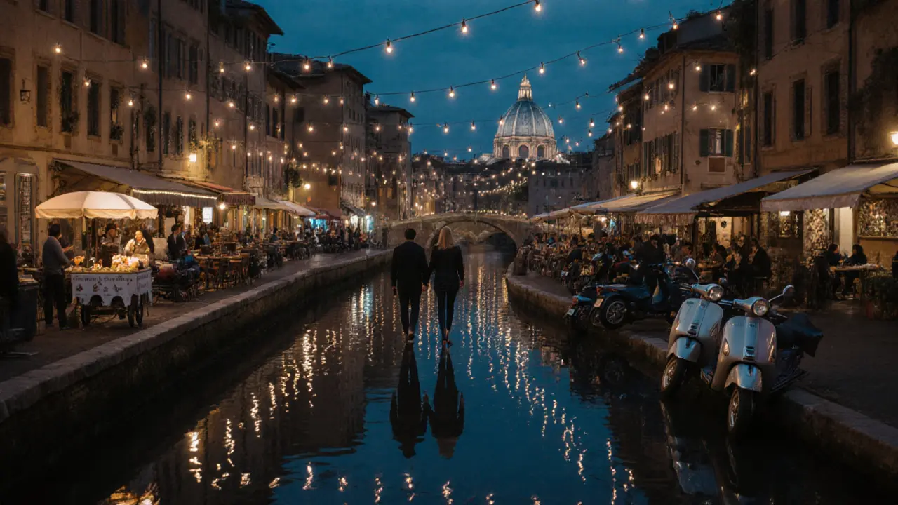 Two people stroll along the Navigli canals at night, string lights reflecting on water as a gelato cart glows softly nearby.