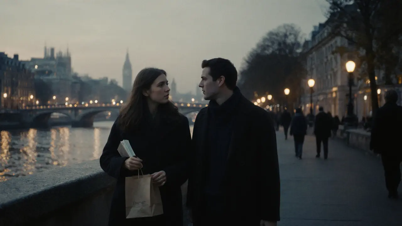 Two people walk calmly along the Thames at dusk, sharing a quiet moment under city lights.