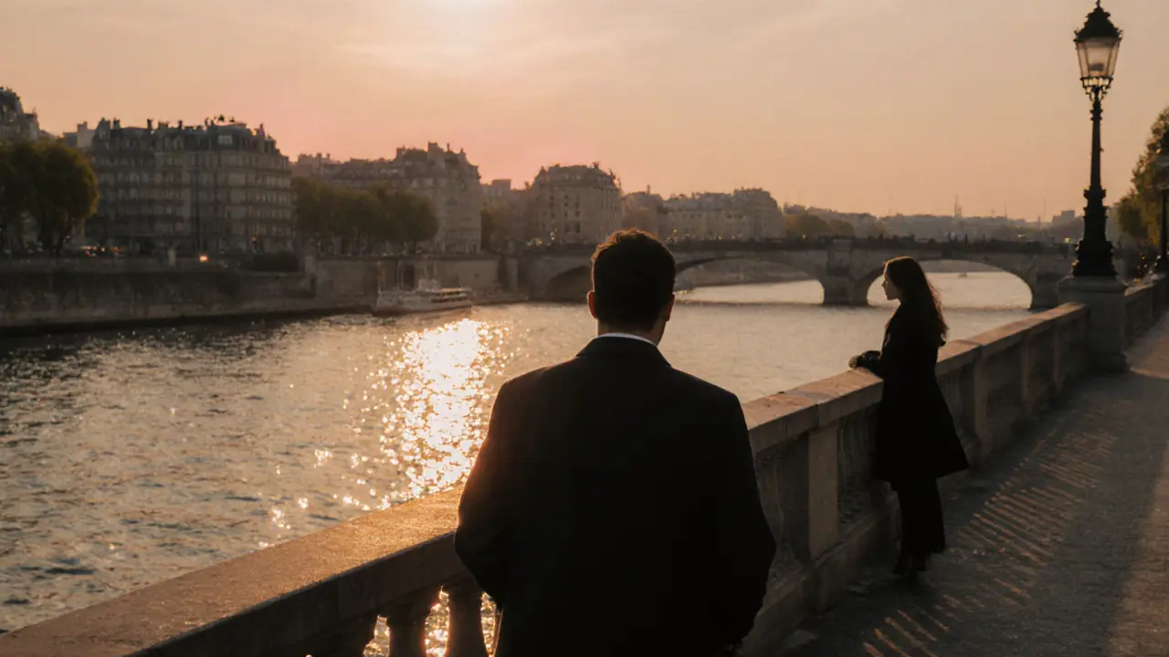 Two strangers walk near the Seine at sunset, their paths parallel but unconnected, in peaceful stillness.