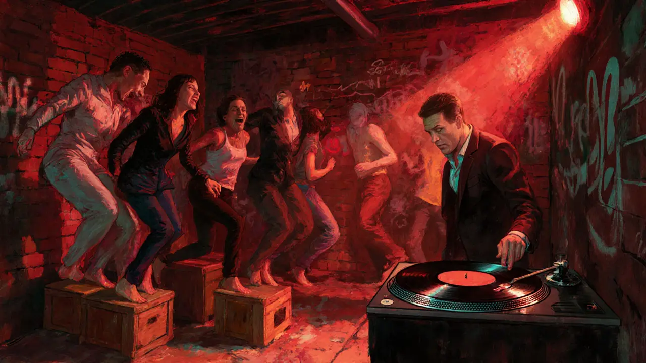 Underground club with graffiti walls and dancers on wooden crates under pulsing neon lights.