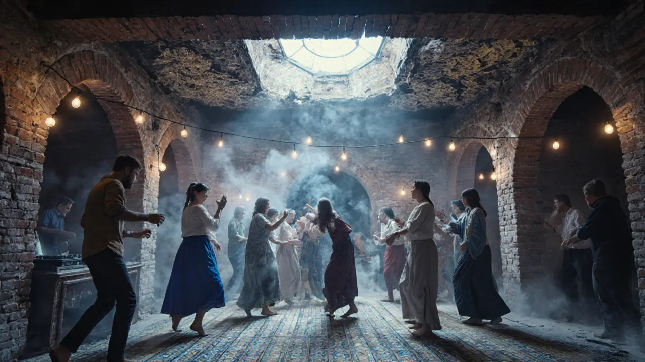 Underground party in an old soap factory, people dancing to fusion music under moonlight and string lights.