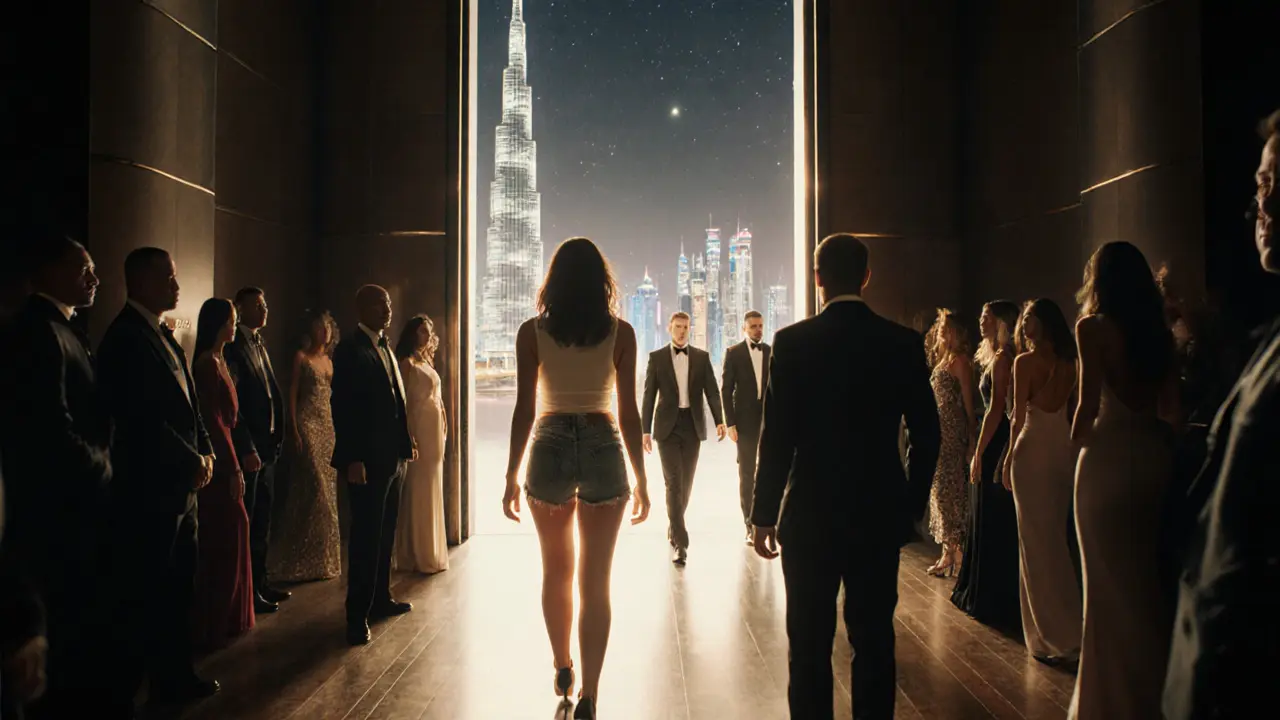 Woman denied entry to a Dubai nightclub for wearing casual clothes while others enter elegantly dressed.