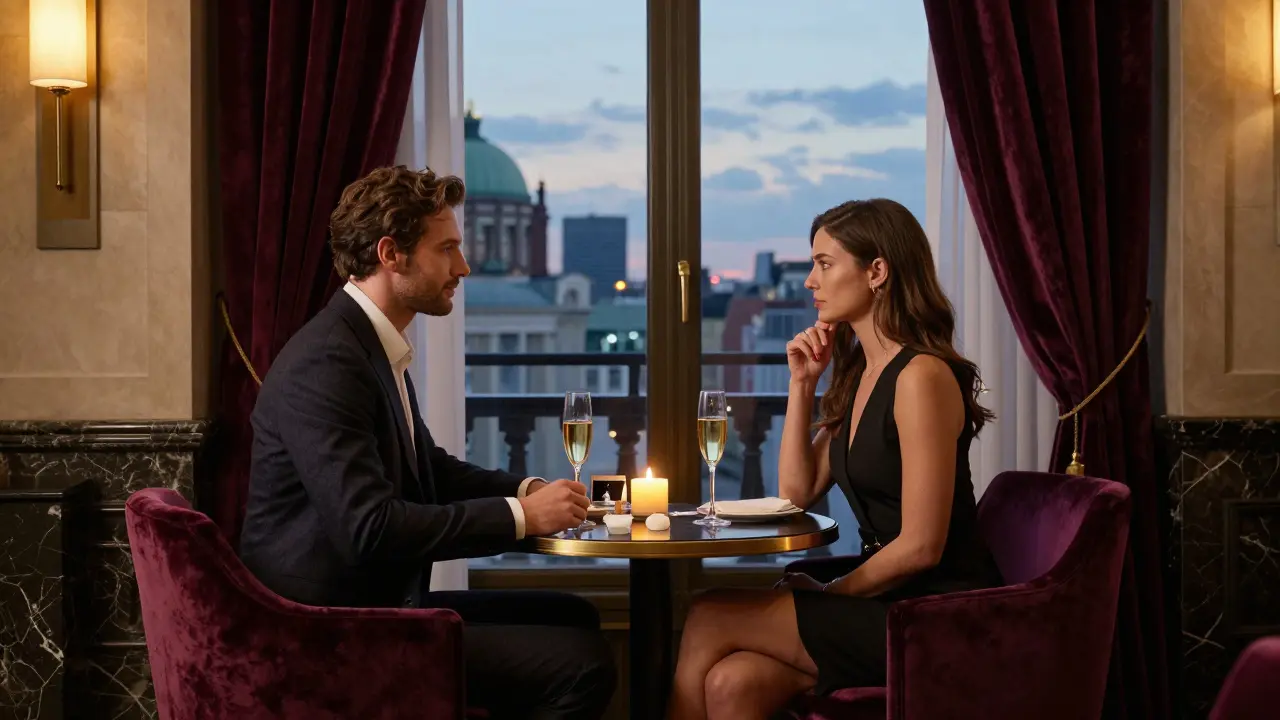 A couple enjoying a quiet evening in a luxury Berlin hotel suite with champagne and city views.