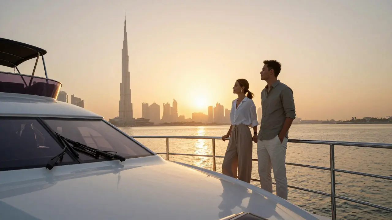 A couple on a yacht at sunset, gazing at Dubai's skyline with calm serenity.
