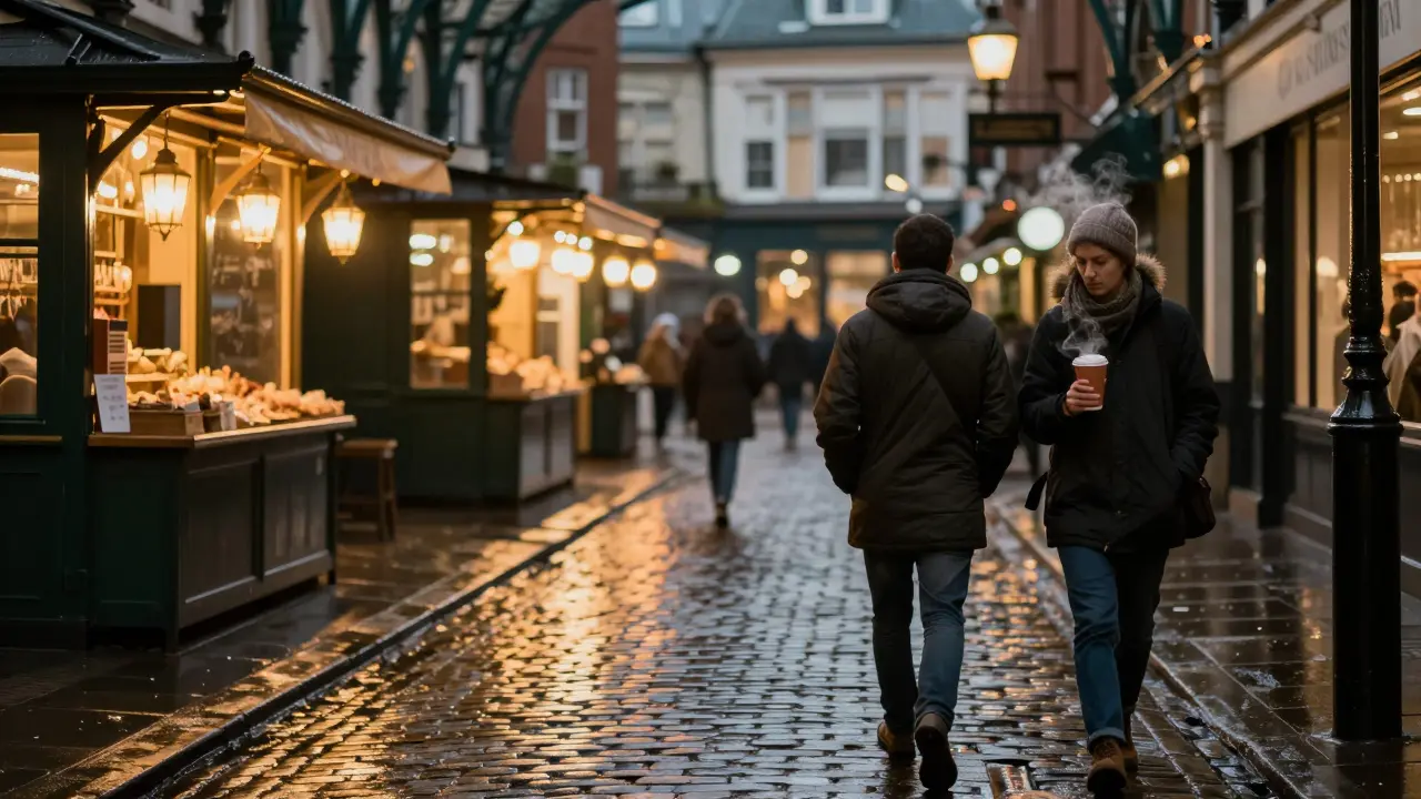 A couple walking peacefully through an empty, lantern-lit Covent Garden at night.