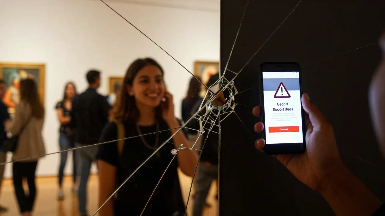 A cracked mirror showing a social gathering on one side and a dangerous online ad on the other.