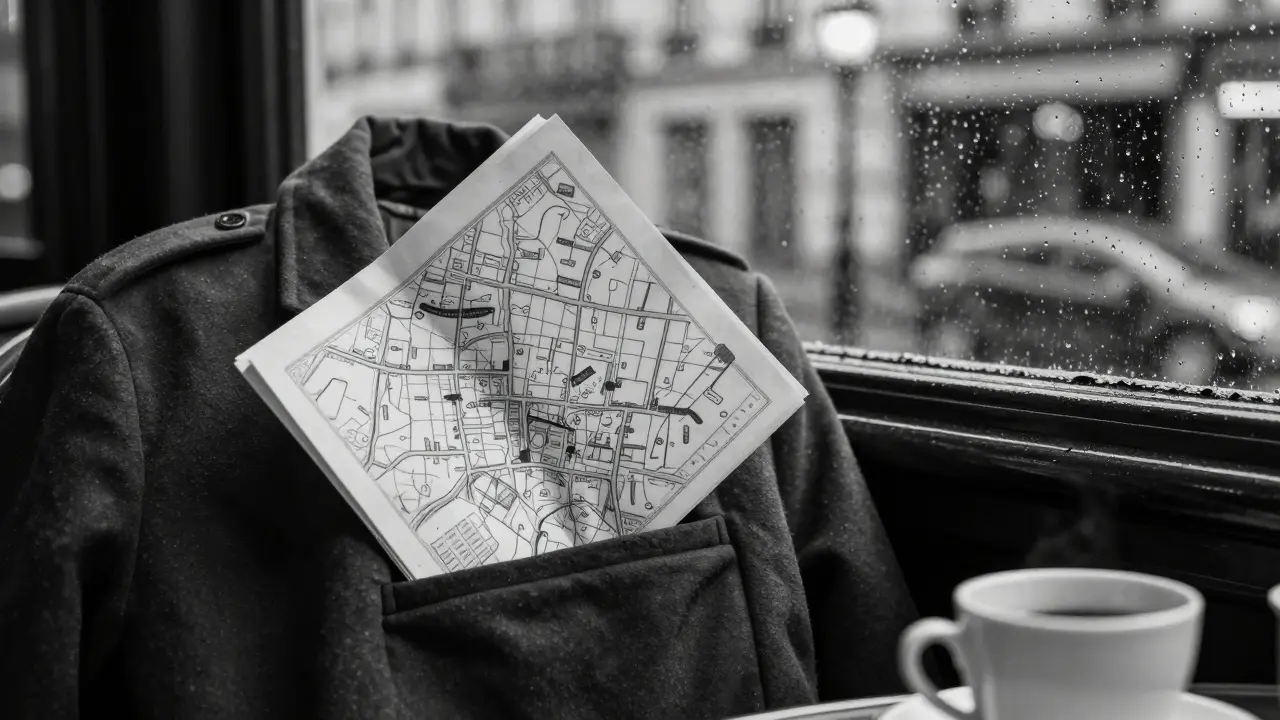 A folded hand-drawn map peeking from a coat pocket beside an empty café cup in a rainy Paris window.