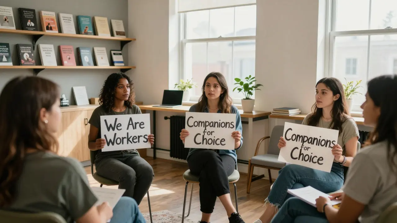 A group of former escorts meet in a sunlit room, holding signs for labor rights, quiet and determined expressions.
