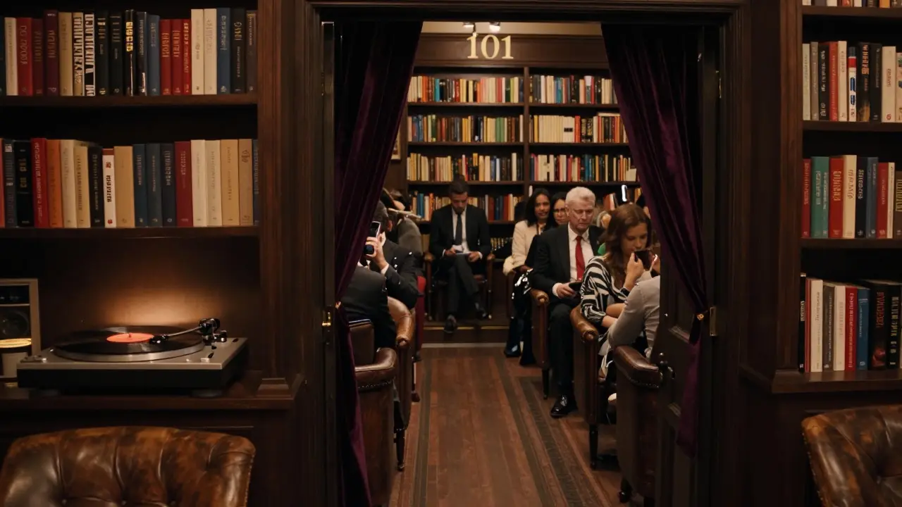 A hidden club entrance behind a bookshelf, with guests in formal attire in a softly lit, phone-free interior.