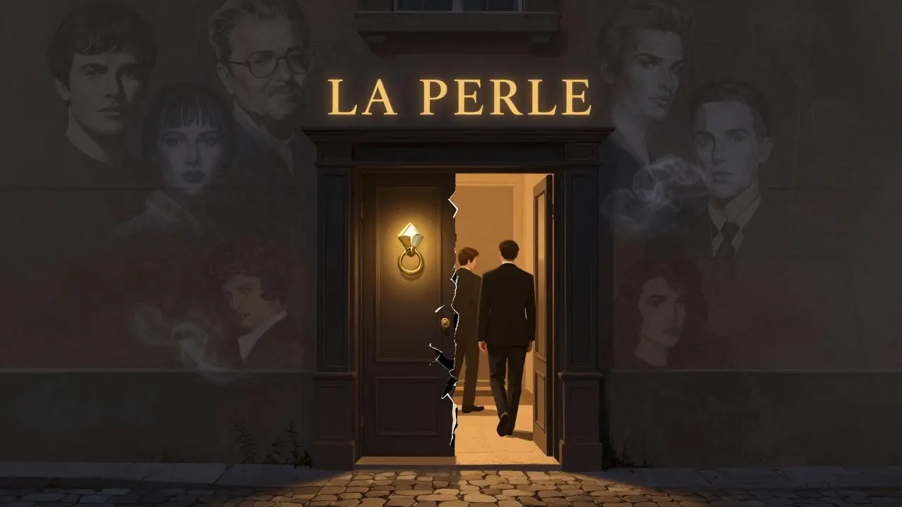 A hidden speakeasy door with a diamond-shaped knocker, glowing faintly as guests enter the night.