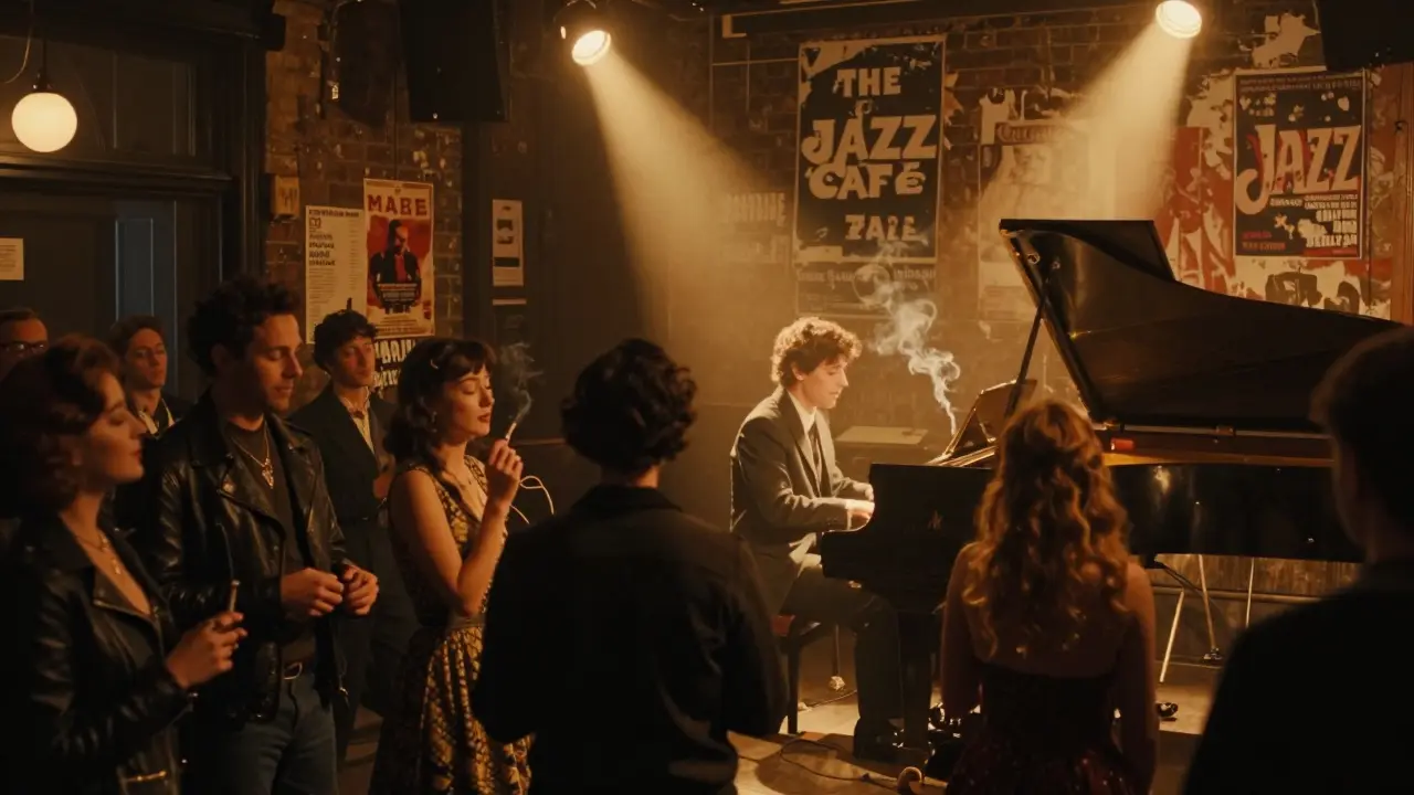 A jazz pianist performs on a dimly lit stage as a diverse crowd listens intently in Camden.