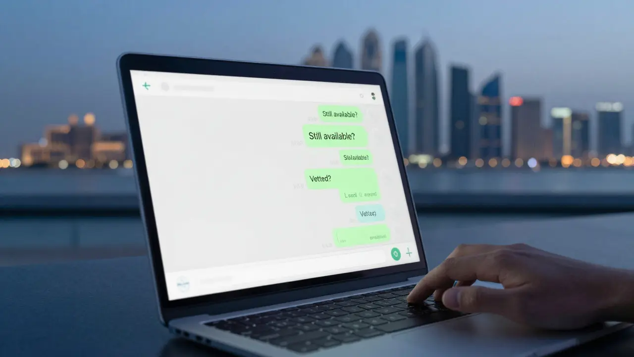 A laptop showing encrypted WhatsApp messages with a blurred Abu Dhabi skyline in the background.