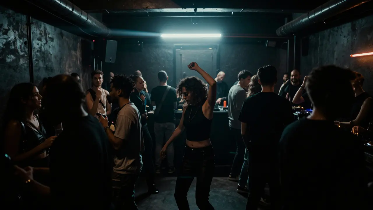 A lone dancer in a dim, industrial nightclub, surrounded by a diverse crowd lost in music and light.