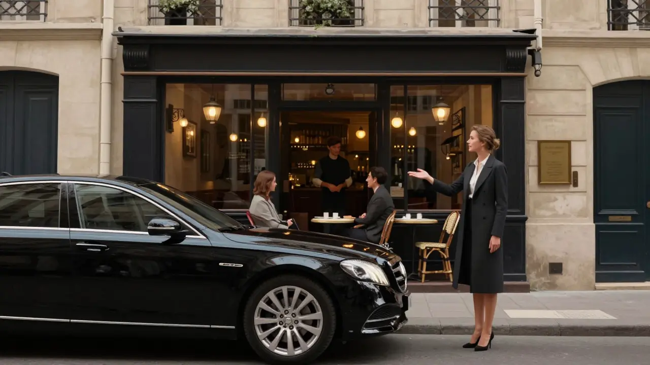 A luxury car arriving at a hidden Parisian courtyard, leading to an intimate bistro with warm lighting and elegant ambiance.