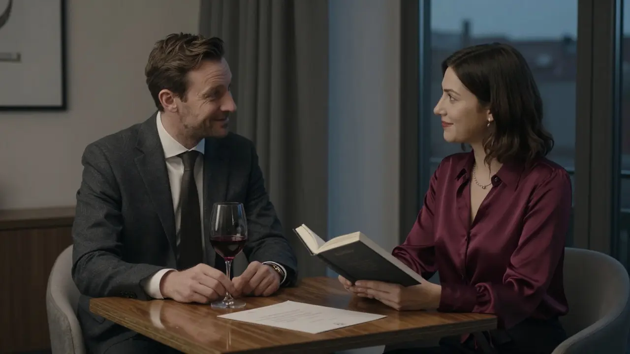 A man and woman share a quiet dinner in a Berlin hotel room, engaged in thoughtful conversation over wine and a book.