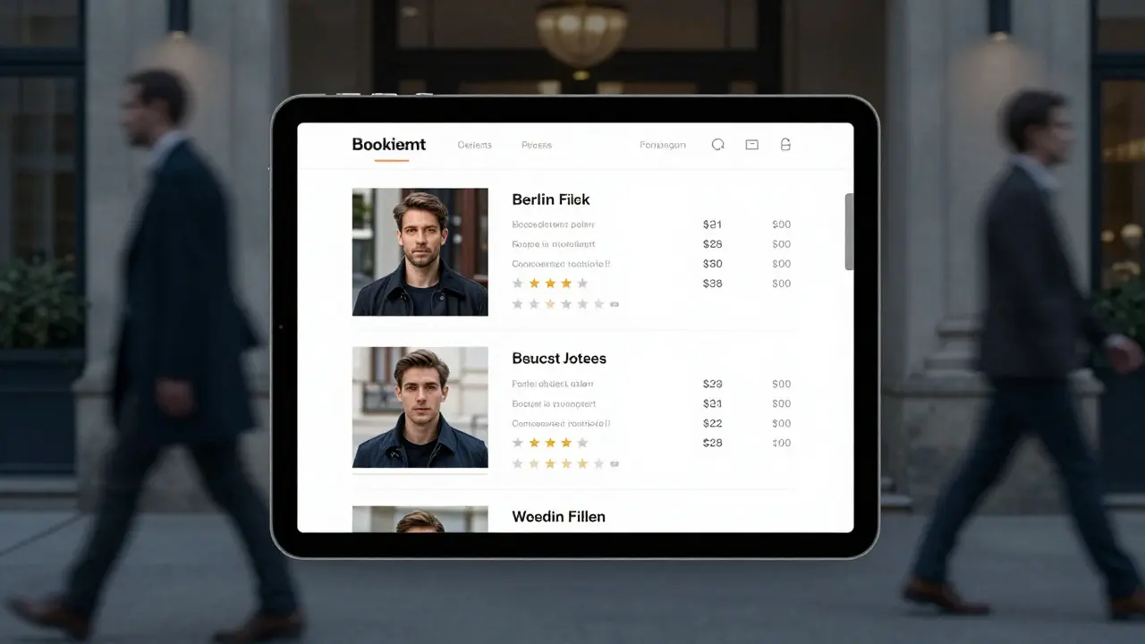 A man views verified escort profiles on a tablet in a quiet Berlin hotel lobby, surrounded by blurred city life.