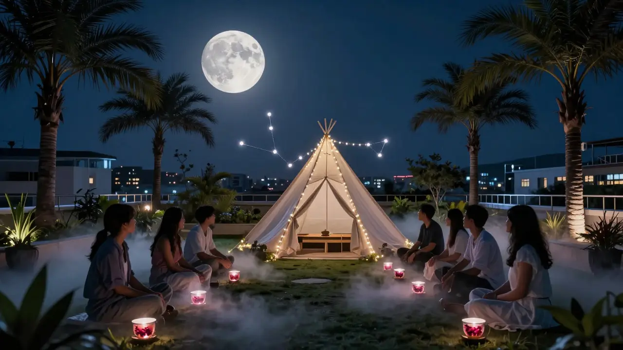 A moonlit pop-up garden with ceramic cups, palm trees, and silent guests enjoying stargazing cocktails.